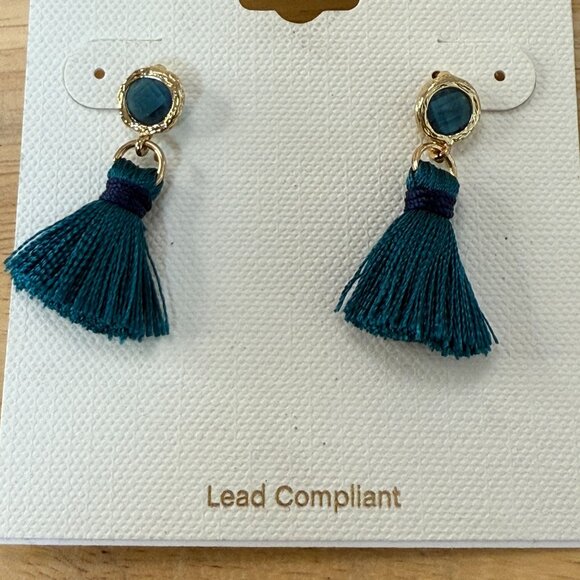 Panacea Teal Tassel Drop Earrings With Gold Accents - Picture 9 of 9